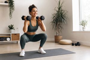 Frau trainiert zuhause mit leichten Hanteln und beginnt sanft mit Krafttraining.